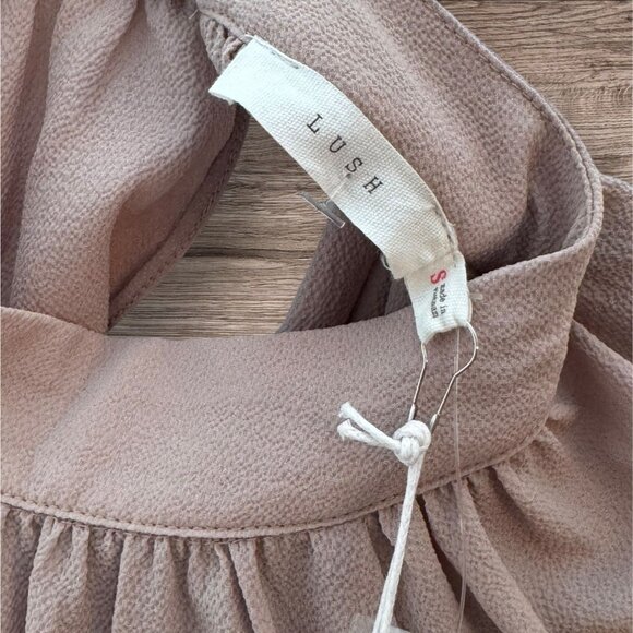 Lush Elegant Sheer Tan Minimalist Blouse Modest High Neck Puff Long Sleeves - Picture 4 of 8